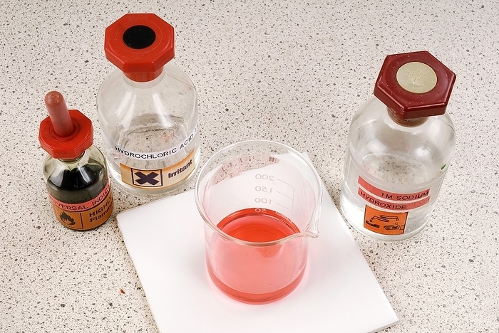 Testing pH Testing pH. Universal indicator  left  being used to test the pH of a solution  centre  of sodium hydroxide and hydrochloric acid. Here, the solution is acidic as more hydrochloric acid has been added than sodium hydroxide. Therefore, the indicator has turned red.