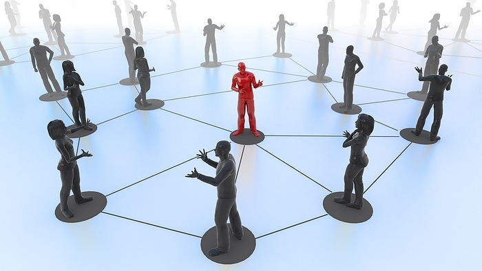 Social media network, conceptual image Social media network. Conceptual image of linked people interacting and communicating online, representing a social media network. A well connected figure  red  is shown at the centre of a group.