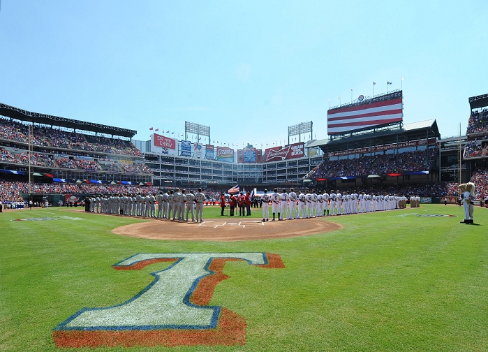 2012 MLB Opening Ceremony at the Rangers Headquarters Opening ceremony, APRIL 6, 2012   MLB : Chicago White Sox and Texas Rangers players line up along the baselines during pre game ceremonies for the Opening Day game at Rangers Ballpark in Arlington in Arlington, Texas, United States.  Photo by AFLO 