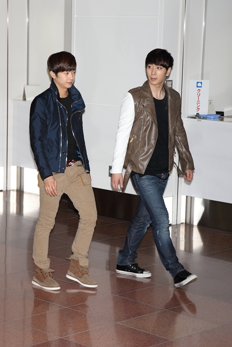     Woo Young and Chan Sung 2PM , Apr 10, 2012 : Korean pop group 2PM Wooyoung and Chansung arrive to promote the film  Oneday  at Haneda International Airport in Tokyo, Japan on 10 Apr 2012.
