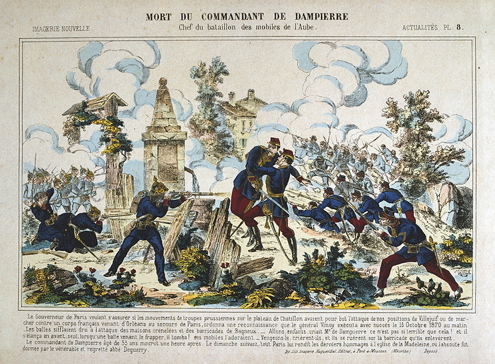 Death of Commandant de Dampierre, Siege of Paris, Franco Prussian War Death of Commandant de Dampierre, Siege of Paris, Franco Prussian War, 13th October 1870. Dampierre was killed by rifle fire while on a reconnaissance to try to ascertain Prussian troop movements on the Plateau de Chatillon. From a private collection.  