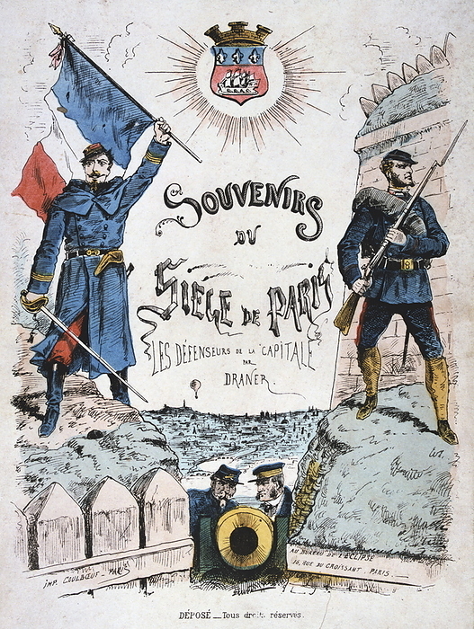 Cover for Souvenirs du Siege de Paris Cover for Souvenirs du Siege de Paris, 1870 1871. After the disastrous defeat of the French at Sedan and the capture of Napoleon III, the Prussians surrounded Paris on 9 September 1870. The French commander, General Trochu, opted to rely on a static defence based on the city s fortifications rather than trying to break through the Prussian encirclement. The Prussians, meanwhile, had no intention of invading the city, relying on a blockade to compel its capitulation. The city held out despite famine and great hardship until a bombardment with heavy siege guns led to its surrender on 28 January 1871. From a private collection.  