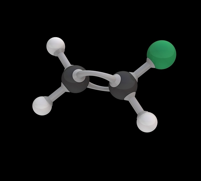 Chloroethene molecule, illustration Chloroethene molecule. Computer model showing the structure of a molecule of the organic compound chloroethene  vinyl chloride . Chloroethene is an important industrial chemical used primarily to produce PVC  polyvinyl chloride . Atoms are shown as colour coded spheres, with the bonds between them as rods. Carbon: black, hydrogen: white, chlorine: red.