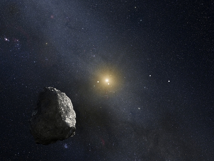 Kuiper Belt Object, illustration Kuiper Belt Object. Computer illustration of a rocky body lying in the Kuiper Belt, on the outer rim of the Solar System, 4 billion miles from the Sun  bright, centre . The Kuiper Belt is a collection of icy, rocky bodies that orbit the Sun at the outer region of the Solar System. It extends outwards from the orbit of Neptune, past the orbit of Pluto to about two times the Sun Pluto distance. Kuiper Belt objects  KBOs  range in size from small rocks to Pluto sized objects. Unlike asteroids, KBOs have not been significantly heated by the Sun and so are thought to represent a pristine well preserved, deep freeze sample of what the outer solar system was like following its birth 4.6 billion years ago.