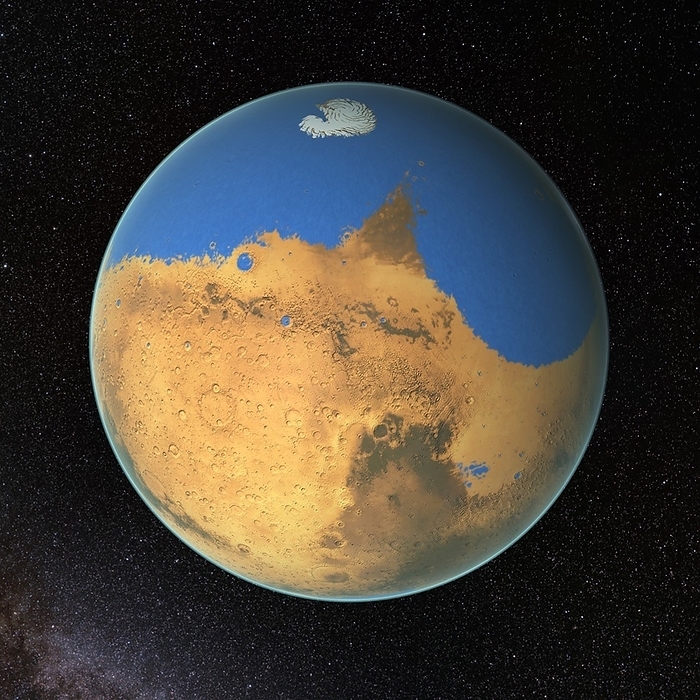 Ocean on early Mars, illustration Ocean on early Mars. Computer illustration showing the extent of an ocean thought to have once covered around 20 percent of the surface of Mars. Recent isotopic measurements by NASA researchers show that early Mars was considerably wetter than many previous estimates.