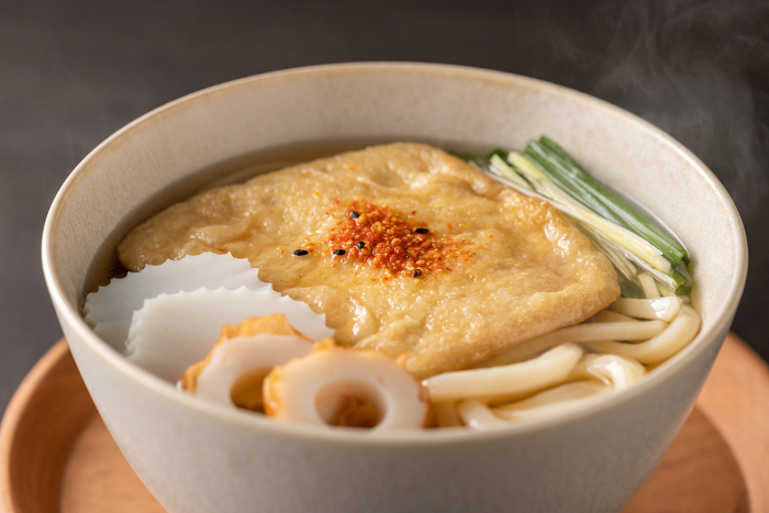 Warm, slightly steamy kitsune udon noodles