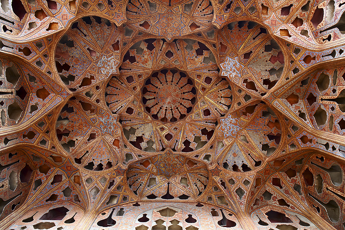 Detail of the roof of the music hall, Ali Qapu palace, Isfahan, Iran Ornate ceiling of music hall, Ali Qapu palace, Isfahan, Iran