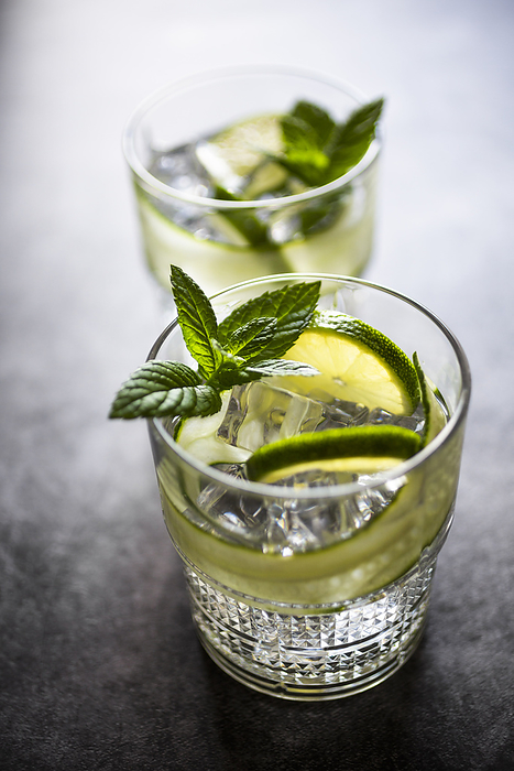 Gin tonic with lemon, mint and cucumber