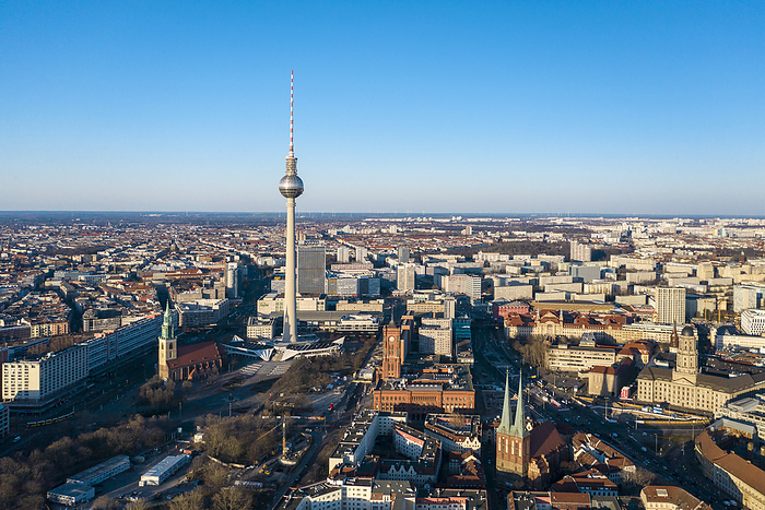 View of Alexander Platz with Tv tower Rotes Rathaus city hall and St Marienkirche church Germany, Berlin, Aerial view of Fernsehturm Berlin and Alexanderplatz