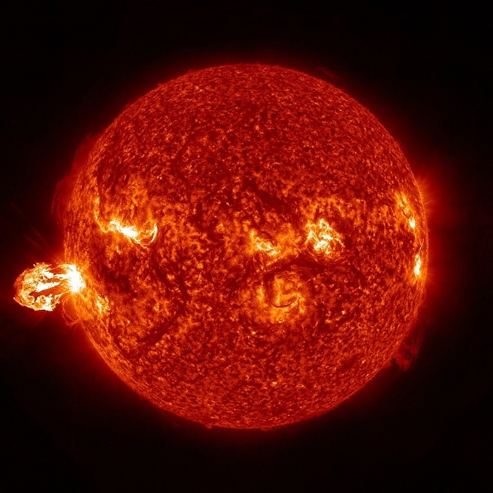 Solar flare, SDO ultraviolet image Solar flare. Solar Dynamics Observatory  SDO  image showing a solar flare classed as an M flare. The flare and ejected coronal mass ejection  CME  launches from the western limb of the Sun  lower left . This SDO images was obtained at a wavelength of 304 angstroms  extreme ultraviolet  using the Atmospheric Imaging Assembly  AIA . Image obtained on 24 August 2014.