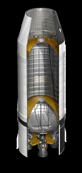 Saturn V rocket 2nd stage, illustration Saturn V rocket. Cutaway illustration of the second stage  S II  of the Saturn V rocket. The Saturn V was the launch vehicle for NASA s Apollo programme of manned missions to the Moon, and later Skylab missions. The rocket consisted of three stages. The first stage was used during take off, lifting the 3000 tonne rocket to an altitude of 68 kilometres, where the it was jettisoned. The second stage, seen here, was equipped with five J 2 engines, running off tanks of liquid hydrogen  upper tank  and liquid oxygen  lower tank . The second stage boosted the rocket through the upper atmosphere. It was then jettisoned and the third stage took the Apollo spacecraft onto its trajectory to the Moon.