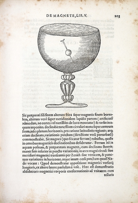 Norman on magnet dip, 1581 Norman on magnet dip. Page from  De Magnete   On the Magnet, 1600  by English physicist William Gilbert  1544 1603 . This diagram shows the experiment by Robert Norman  published in 1581 in  The Newe Attractive   showing the dip in the Earth s magnetic field, which varies with latitude, and can therefore be used to determine position. The picture shows a glass goblet with a magnetised iron wire passing through a cork, which is partially submerged in water.  De Magnete  reported Gilbert s studies of magnetism and electricity. He theorised that the two forces were closely related. He also considered the Earth to be a spherical magnet. This first edition of  De Magnete  consisted of 115 chapters in six books and 246 pages. This is page 203, chapter 9, book 5.