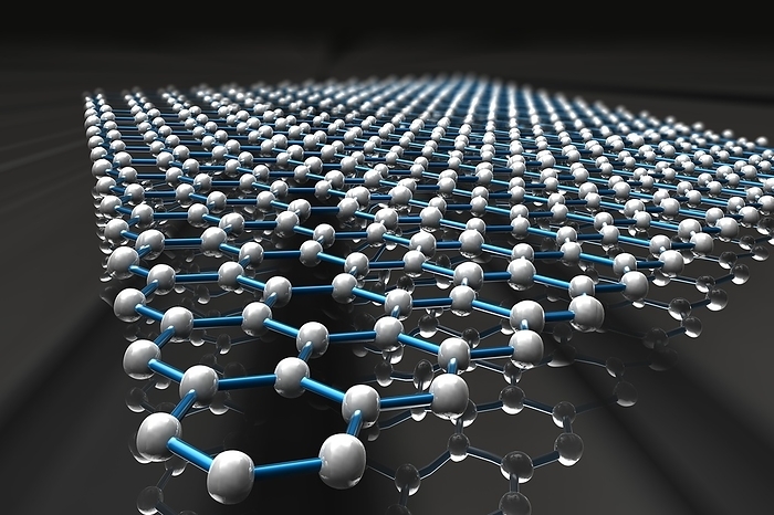 Graphene molecule, illustration Graphene. Computer model of the molecular structure of graphene, a single layer of graphite. It is composed of hexagonally arranged carbon atoms  spheres  linked by strong covalent bonds  rods . Graphene is very strong and flexible. It transports electrons highly efficiently and may one day replace silicon in computer chips and other technology applications. Graphene was discovered by Andre Geim in 2004.