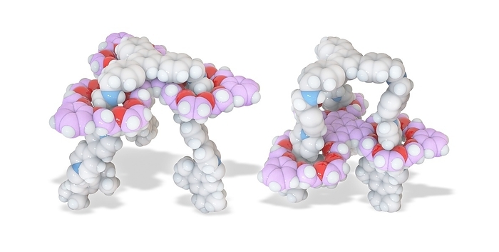 Molecular elevator, molecular model Molecular elevator. Molecular model of the two levels of an acid base molecular lift. Each leg of the elevator  grey carbon atoms  contains two notches  or recognition sites , at different levels. The top level notches incorporate dialkylammonium  NH2 , blue  centres, while the bottom level notches contain bipyridinium  BIPY2 , blue  units. An acid base reaction provides the energy for the platform  pink carbon atoms  to move between these two levels, a distance of about 0.7 nanometres. The 2016 Nobel Prize in Chemistry was awarded to the chemists Jean Pierre Sauvage, J. Fraser Stoddart, and Bernard Feringa for their work on the design and synthesis of molecular machines.