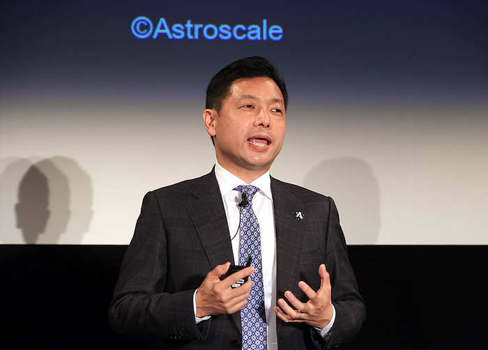 Japan s space venture Astroscale holds a press conference to remove space debris February 18, 2021, Tokyo, Japan   Japan s space venture Astroscale Holdings founder and CEO Mitsunobu Okada speaks as the company holds a press conference for their business to remove space debris in Tokyo on Thursday, February 18, 2021. Astroscale s satellite  ELSA d  will be launched from Baikonur in Kazakhstan by Russia s Soyuz rocket next month and will operate a study mission to remove space debris on the satellite orbit.           Photo by Yoshio Tsunoda AFLO 