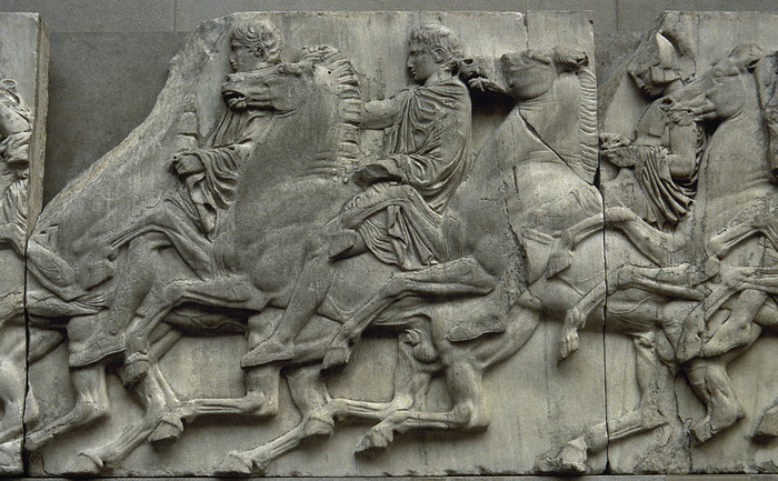 Slab of the North frieze of the Parthenon. Relief depicting three riders in the Procession of the Panathenaic festival, the commemoration of the birthday of Goddess Athena. 438 432 BC. Probably by Phidias  490 432 BC , or one of his disciples. From Acropol Slab of the North frieze of the Parthenon of Athens. Relief depicting three riders in the Procession of the Panathenaic festival, the commemoration of the birthday of Goddess Athena. 438 432 BC. Probably by Phidias  490 432 BC , or one of his disciples. Marble. From Acropolis of Athens  Greece . British Museum. London, England, United Kingdom.