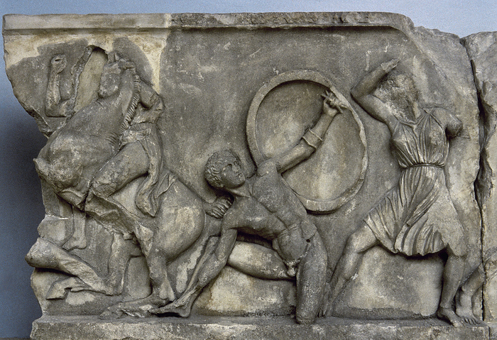The Amazon frieze. Relief depicting a combat between Greeks and Amazons. Part of the Mausoleum of Halicarnassus, ca.350 BC. The Amazon frieze. Marble slab with a relief depicting a combat between Greeks and Amazons. Part of the Mausoleum of Halicarnassus, ca.350 BC. British Museum. London, England.