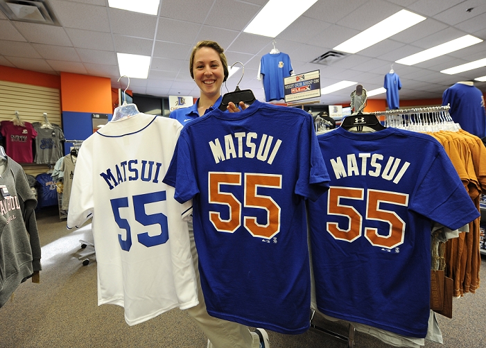 Minor League Baseball 3A Goods Shops in Durham Name and number shirts of Hideki Matsui, MAY 18, 2012   MLB : A sales assistant shows t shirts of Hideki Matsui  55 of the Durham Bulls before minor s International League  Triple A  game against the Pawtucket Red Sox at Durham Bulls Athletic Park in Durham, North Carolina, United States.  Photo by AFLO 