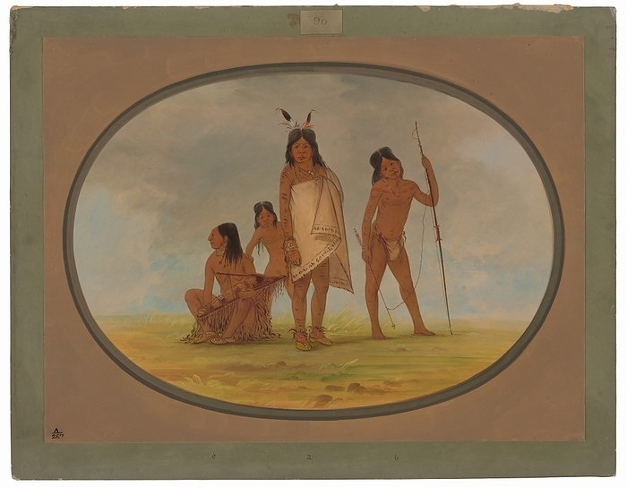 Four Flathead Indians, 1855 1869. Creator: George Catlin. Four Flathead Indians, 1855 1869. Ya t  xe1 x ta coo  warrior  with Y  xfa n ne y  xfa n ne  boy with harpoon  and L  xe1 s tee  woman flattening infant s head  in 1855