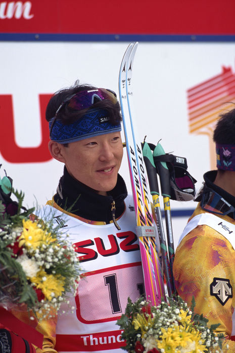 1995 Nordic World Championships, Japan, gold medal in combined team Masashi Abe  JPN , MARCH 10, 1995   Nordic Combined : Masashi Abe of Japan celebrates on the podium after Japan team won the gold medal in the Nordic Combined Team competition at the 1995 FIS Nordic World Ski Championships in Thunder Bay, Canada.  Photo by AFLO   0368 .