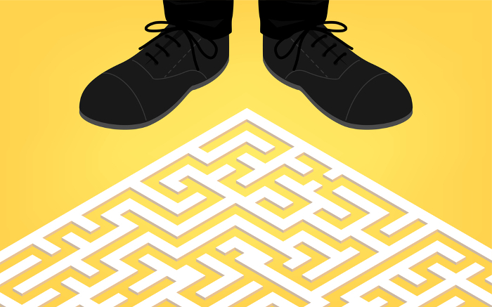 Illustration of a maze spreading underfoot, isometric