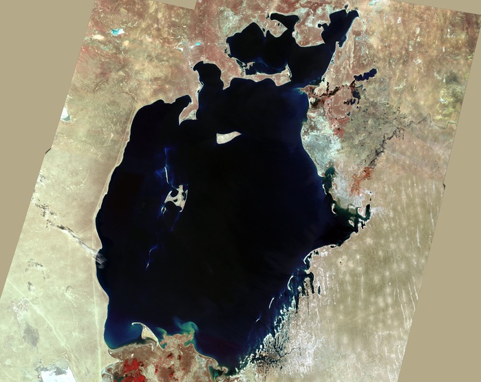 Aral Sea  1973  Aral Sea, satellite image. Image 1 of 4. North is at top. This inland lake is found between Uzbekistan  west  and Kazakhstan  east  and used to be the fourth largest lake in the world. Since the 1960s, it has lost more than half of its volume. This is due to overuse of the feeder rivers  the Syr Darya and Amu Darya  in irrigation of cotton and paddy fields. Image obtained in 1973 using the Landsat 1 satellite. For a series showing the lake s progressive shrinkage, see images C003 2109   C003 2112.