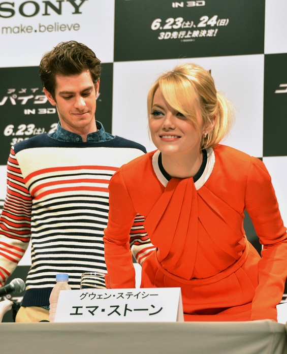 Andrew Garfield and Emma Stone, Jun 13, 2012 : Tokyo, Japan - Andrew Garfield and Emma Stone arrive for a news conference in Tokyo on Wednesday, June 13, 2012 The pair along with director Marc Webb and actor Rhys Ifans was in town to promote the June 23 world premiere of 