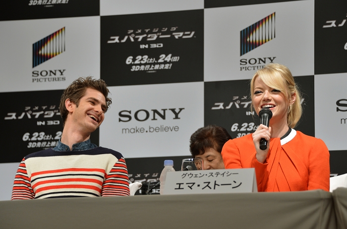 Andrew Garfield and Emma Stone, Jun 13, 2012 : Tokyo, Japan - Emma Stone speaks at a news conference in Tokyo on Wednesday, June 13, 2012. The American film stars were in town along with director Marc Webb and Rhys Ifans to promote a June 23 world premiere of 
