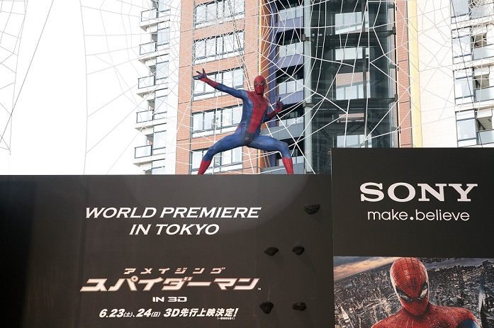 The Japan wold premiere for the film 'Amazing Spider-Man', Jun 13, 2012 : Tokyo, Japan, A man dressed as Spider-Man makes his entrance sliding down the roof onto the stage, in the Japan wold premiere for the film 'Amazing Spider-Man' in Tokyo, Japan on June 13, 2012. The film will be release from June 30th.