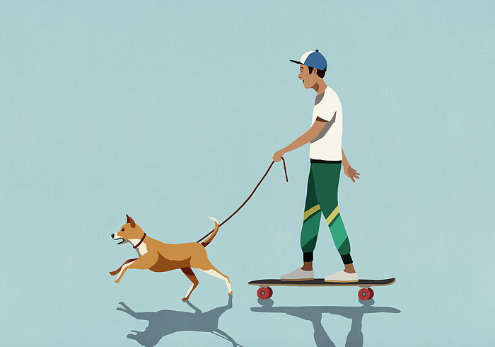 Dog on leash pulling boy riding skateboard , by Malte Mueller
