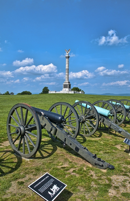 Antietam National Battlefield Famous Civil War Battleground Memorial in Antietam Maryland with monument and cannons