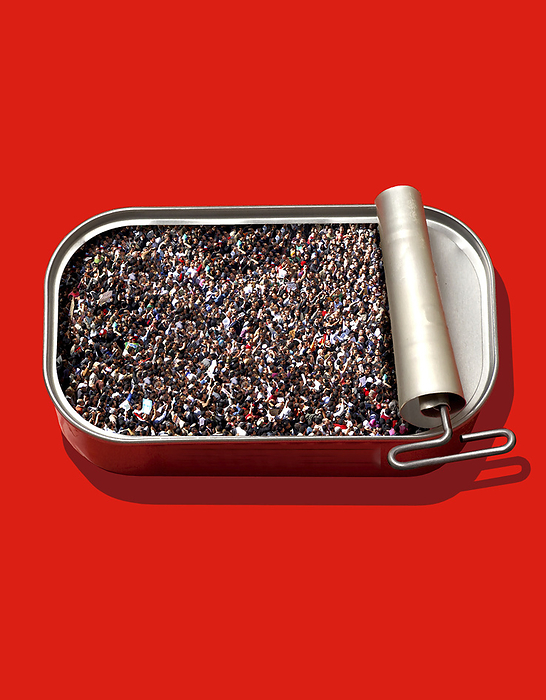Refugee crisis, conceptual image Refugee crisis. Conceptual image of people crammed into a sardine tin, representing various refugee crises caused by people fleeing war, famine and other geopolitical and economic disruptions.
