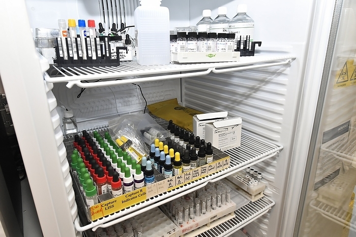 Haematology reagents and chemicals Haematology reagents and chemicals in a fridge in a laboratory. Blood is analysed for levels of components such as cholesterol and glucose, for pathogens like bacteria and viruses, and to determine a person s blood group.