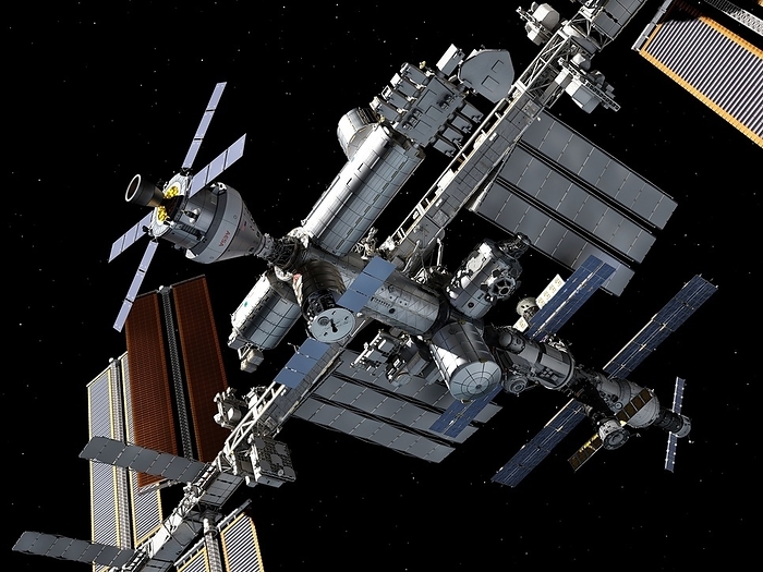 Crew exploration vehicle docked with ISS, illustration Illustration of a manned Crew Exploration Vehicle  CEV  docked with the International Space Station  ISS . This view is from  below   the ISS with a combination of sun light and reflected earth light illuminating the scene. Visible elements of the ISS include a pressurized mating adapter  PMA , an international docking adapter  IDA , and manned modules, and unmanned cargo vessels. On the far right also docked with the ISS is a Soyuz TMA M manned spacecraft. Various CEV designs have been produced, including the Orion spacecraft for NASA s Space Launch System  SLS . They typically carry a crew of 2 to 6 astronauts. This CEV is 10 meters long with a maximum diameter of 6 meters, while the solar voltaic panels have a maximum spread of a little over 18 meters. 