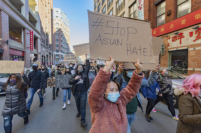 Stop Asian Hate rally in Boston March 13, 2021, Boston, Massachusetts, USA: Protesters march to protest discrimination and crimes against Asian and Pacific islanders during Stop Asian Hate rally in Boston.  Photo by Keiko Hiromi AFLO  