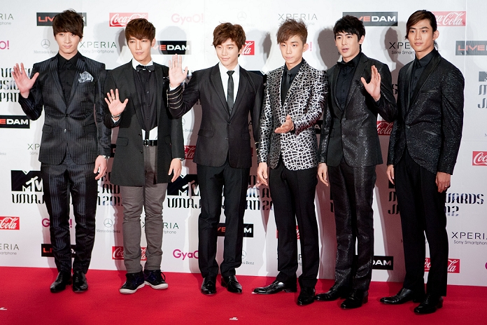     2PM 2PM, Jun 23, 2012 : Members of the South Korean boy band 2PM pose on the red carpet during the MTV Video Music Awards Japan event. Chiba, Japan    Photo by Christopher Jue AFLO 