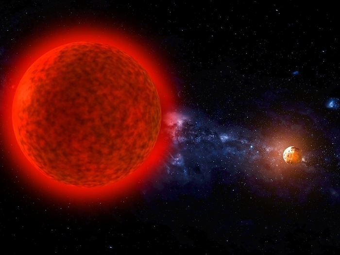 Exoplanet orbiting a red dwarf star, illustration Exoplanet orbiting a red dwarf star, illustration. Red dwarf stars have masses and luminosities much less than that of the Sun. Planets around such stars may orbit close to the star in the habitable zone, where the temperature may be suitable for liquid water to exist on the surface of the planet. An example of such a star with known planets is Proxima Centauri, the closest star to the Sun.