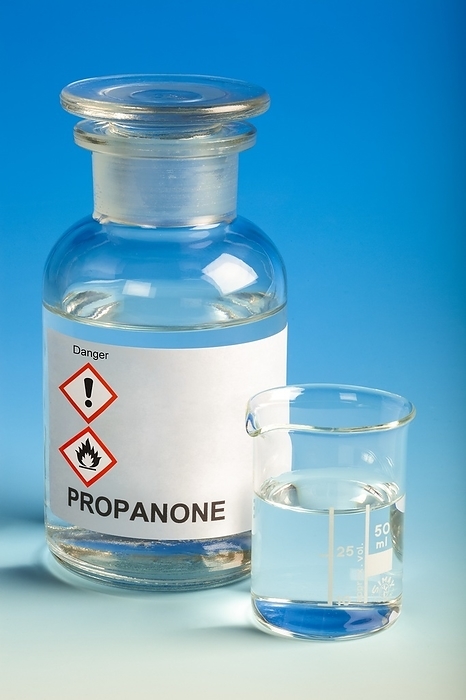 Propanone in reagent bottle Laboratory stoppered glass bottle and beaker of propanone. Also known as acetone, this is a type of chemical called a ketone. Used in the laboratory, it is highly flammable solvent. The current UN Globally Harmonized System of Classification and Labelling of Chemicals  GHS  labels indicate that this chemical is harmful and flammable  GHS07, GHS02 . As well as the symbols there is a signal word and suppliers provide numbered statements H225, H319   H336 that give more information.