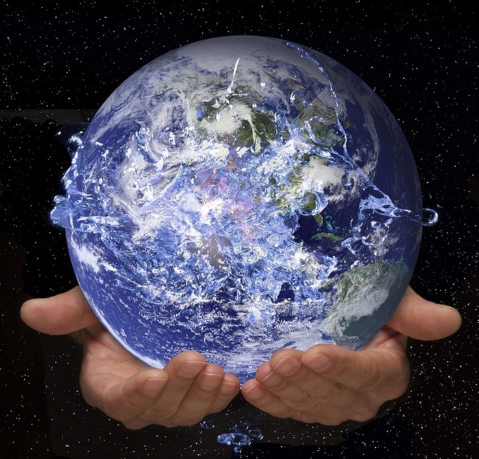 Earth and water Earth and water in human hands, conceptual illustration.