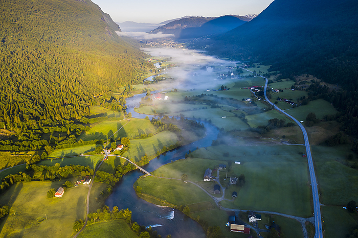Norway Aerial view of of Stryneelva river and rural landscape, Stryn, Nordfjorden, Sogn og Fjordane, Norway