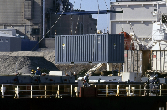 Demonstration against Plutonium Transport  January 1993  Japan: January 1993, Tokaimura   Containers of recovered plutonium are unloaded from a Japanese freighter at Tokaimura nuclear facility in Ibaraki Prefecture, some 120km northeast of Tokyo, in  January 1993.  Photo by Fujifotos AFLO  FYJ
