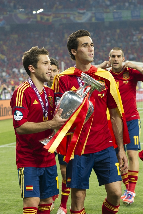 Euro 2012 Spain Won the tournament for the second year in a row  L R  Jordi Alba, Alvaro Arbeloa  ESP , JULY 1, 2012   Football   Soccer : Jordi Alba of Spain celebrates with the trophy after winning the UEFA EURO 2012 Final match between Spain 4 0 Italy at Olympic Stadium in Kiev, Ukraine.  Photo by Maurizio Borsari AFLO   0855 