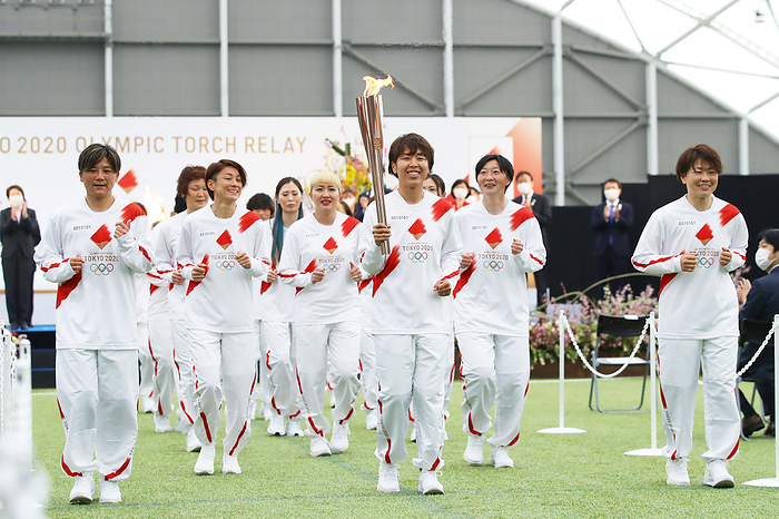 2020 Tokyo Olympics Torch Relay Grand Start Members of the  Nadeshiko Japan  Japan s women s football team participate in The Grand Start Ceremony for the Tokyo 2020 Olympic Torch Relay at Fukushima National Training Center J Village on March 25, 2021, in Fukushima The Torch Relay will last 12 months. The Torch Relay will last 121 days and visit all of Japan s 47 prefectures.