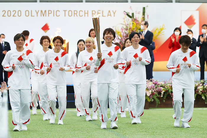 2020 Tokyo Olympic Games Torch Relay Grand Start Members of the  Nadeshiko Japan  Japan s women s football team participate in The Grand Start Ceremony for the Tokyo 2020 Olympic Torch Relay at Fukushima National Training Center J Village on March 25, 2021, in Fukushima Prefecture, Japan. Fukushima Prefecture, Japan. The Torch Relay will last 121 days and visit all of Japan s 47 prefectures.  Photo by Naoki Morita AFLO SPORT 