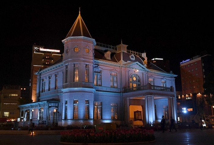The former Fukuoka Prefectural Public Hall guest house lit up in blue for World Autism Awareness Day. The former Fukuoka Prefectural Public Hall Guest House, illuminated in blue for World Autism Awareness Day, in Fukuoka City s Chuo Ward at 8:45 p.m. on April 2, 2021.