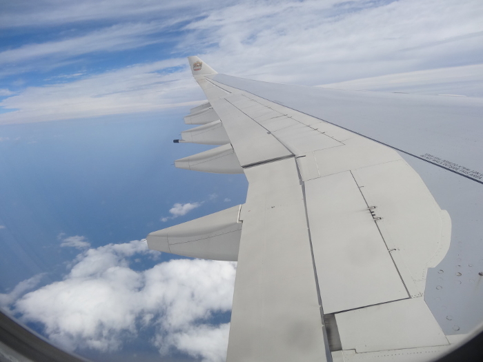 Airplane wings and sky (blue sky, white clouds, sea, daylight)