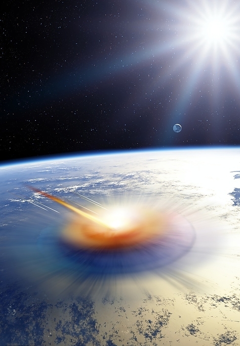 Chicxulub impact event, illustration Chicxulub impact event. Illustration of the asteroid impact that is thought to have caused the extinction of the dinosaurs around 65 million years ago. The impact took place at sea near the coast of the Yucatan Peninsula in Mexico, forming the Chicxulub crater  around 200 kilometres across . The impact threw trillions of tons of dust into the atmosphere and sent tsunamis around the globe, destroying coastal areas. Dust and water vapour in the atmosphere lowered global temperatures. Plant and then animal life began to die off. The dinosaurs never recovered, and mammals rose to become the dominant form of life., by DETLEV VAN RAVENSWAAY SCIENCE PHOTO LIBRARY
