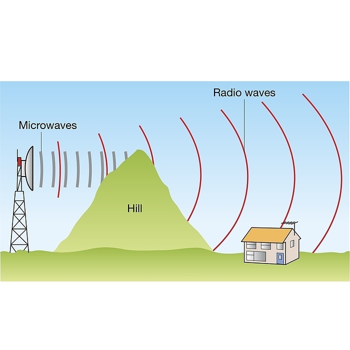 Diffraction of microwaves and radio waves, illustration Diffraction of microwaves and radio waves. Illustration showing a communications mast and radio transmitter transmitting microwave signals  shorter wavelength  and radio waves  longer wavelength . Microwaves are used in communications such as mobile phone systems. Radio waves are used for radio and TV signals. A large hill presents an obstacle between the transmitter and the house receiving the signals. The longer wavelength radio waves spread out more as a result of diffraction by the hill, and radio reception at the house is good. The shorter wavelength microwaves are diffracted less, so mobile phone reception is poor, the signal being obstructed by the hill., by SCIENCE PHOTO LIBRARY