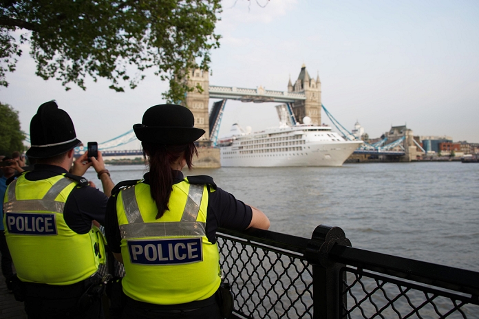 2012 London Olympics Preview Police Photograph Large Vessels JULY 25, 2012 : police look a cruise ship enter in London through the Tower Bridge, July 25, 2012, London 2012 Olympic Games, London, England,  Photo by Enrico Calderoni AFLO SPORT   0391 