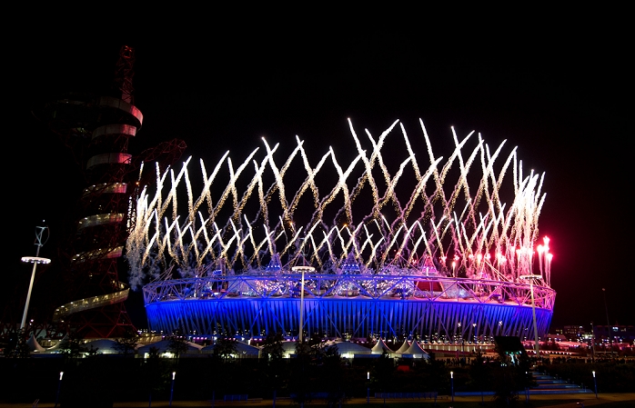 London 2012 Olympic Games Opening Ceremony General view, JULY 27, 2012   Opening Ceremony : Fireworks at the Opening Ceremony at the Olympic Stadium, London, UK.  Photo by Enrico Calderoni AFLO SPORT   0391 